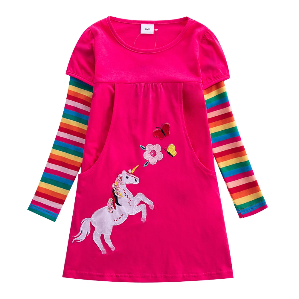 Loser season dresses JUXINSU Winter Toddler Girls Cotton Long Sleeve Dresses Unicorn Flowers Casual Clothes Rainbow Stripes for Kids 3-8 Years off shoulder dress