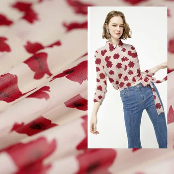 

100x150cm Red Flower Printed Chiffon Fabric for Woman Summer Dresses Skirt Blouse Sewing DIY