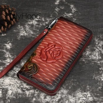 

Cow Leather Embossed Rose Pattern Wallet Women Brushed Cowhide Leather Vintage Retro Money Clip Female Real Leather Wristlet Bag
