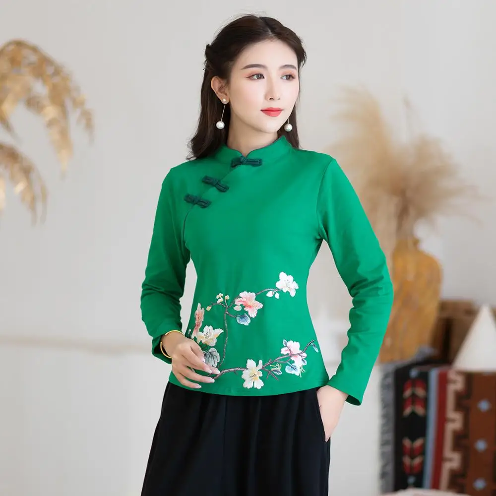 Зеленый KYQIAO blusa feminina Женская осенне-Весенняя Оригинальная дизайнерская блуза с длинными рукавами и воротником-стойкой, черная, красная, зеленая блузка с вышивкой, рубашка - Цвет: Зеленый