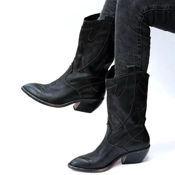 

Women Western Boots Winter Mid Tube Knight Lady Retro Rome Slip-On Low Heel Leather Shoes Wide Calf Cowboybotas Mujer Invierno