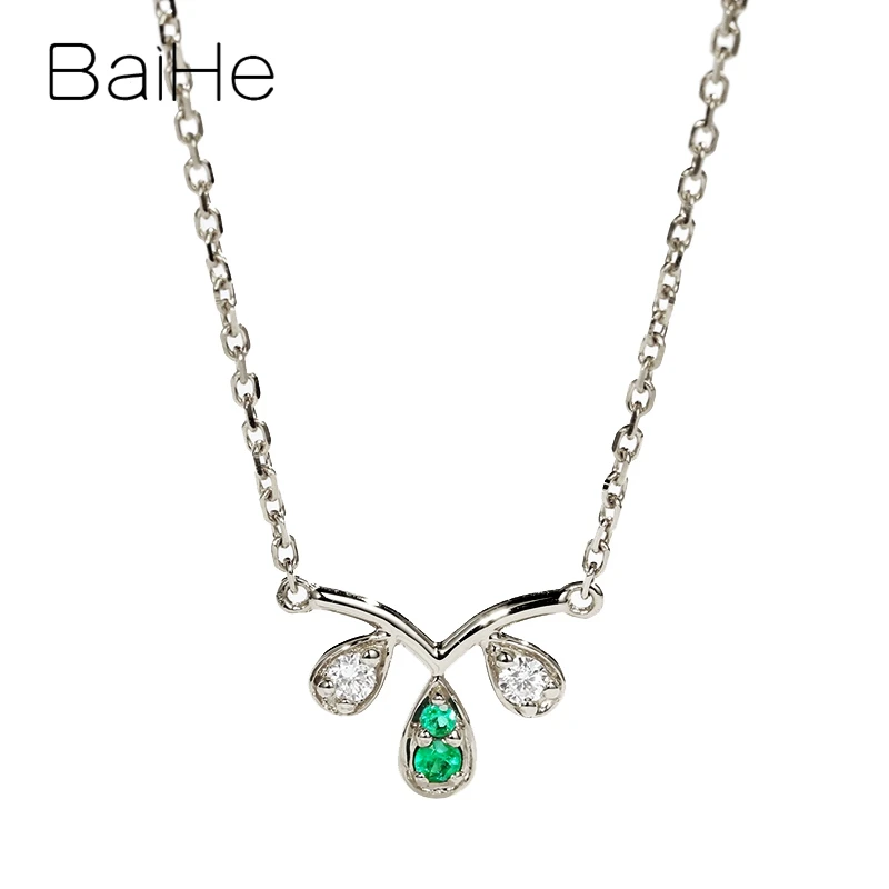 BAIHE Solid 18K розовое золото Сертифицированный 0.03ct круглый натуральный изумруды женские свадебные модные ювелирные изделия Подарочные ожерелья - Цвет камня: White Gold