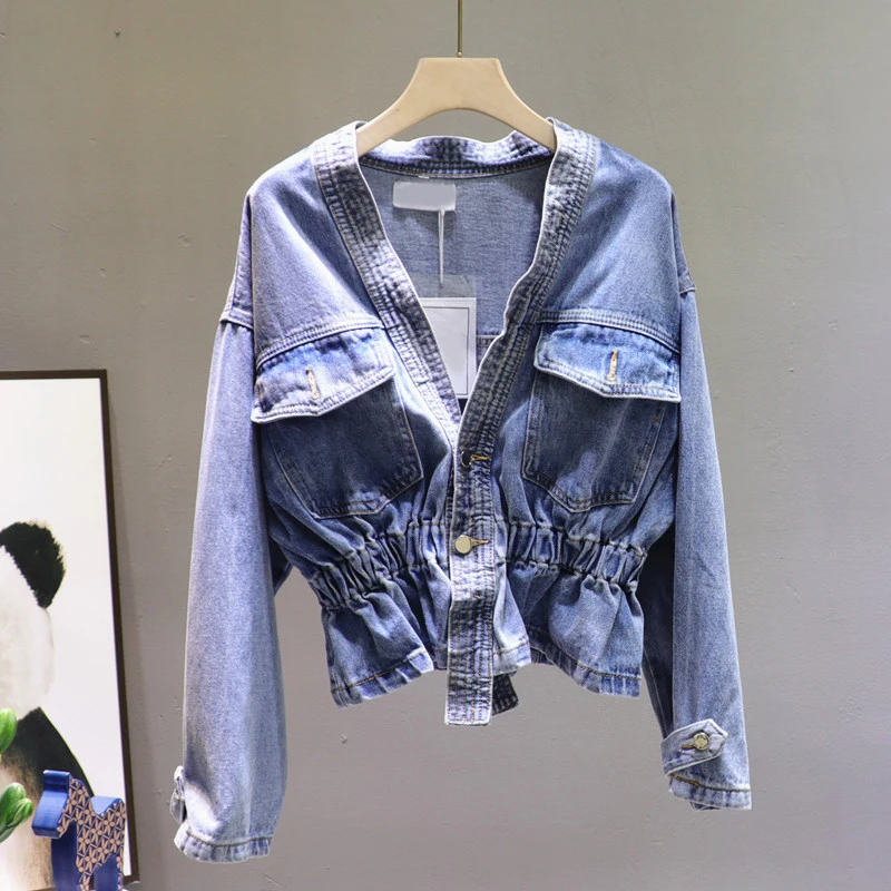 

2020 Autumn New Denim Jacket Women Coat V-neck Pleated Casual Stretch Waist Hugging Short Jeans Jackets Girls Student Coats Tops