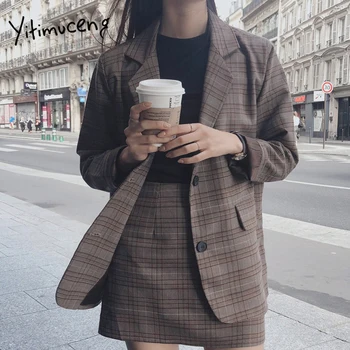 

Office Ladies Vintage Plaid Blazer Single-breasted Jacket Long Sleeve Female Womens Jackets and Coats Plus Size Casual Blazer