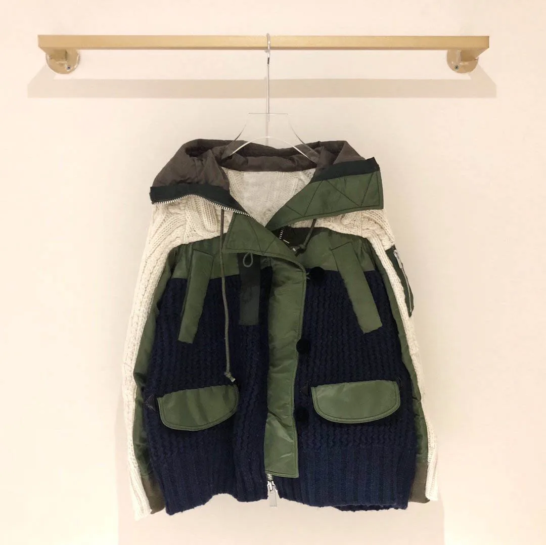 2019FW роскошная женская Лоскутная трикотажная куртка пальто женская теплая верхняя одежда с капюшоном пальто rmsx 11,6