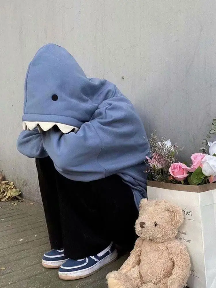 Women's Hooded Sweater Shark Hat Cute Plus Fleece Loose Hoodie Black/Blue Loose Drop Shoulder Sweater For Girl Women matching hoodies