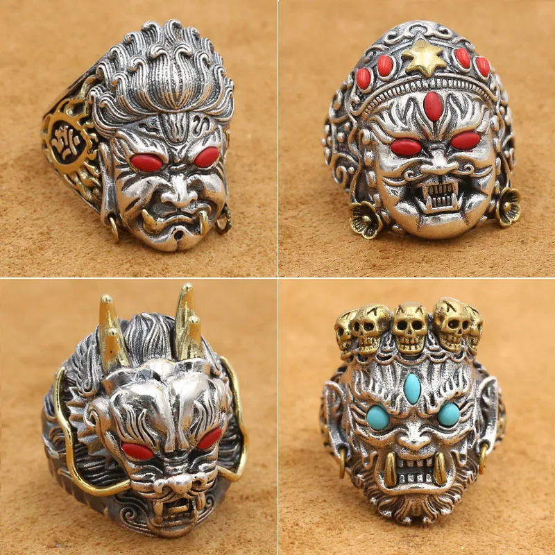 Кольцо регулируемое мужское из серебра 925 пробы с драконом черепом животным