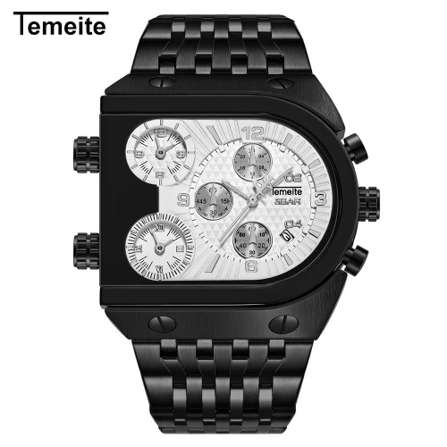 Лучший бренд TEMEITE часы мужские с большим циферблатом 3 часовых поясов военные часы водонепроницаемые роскошные золотые спортивные мужские часы Relogio Masculino - Цвет: black white