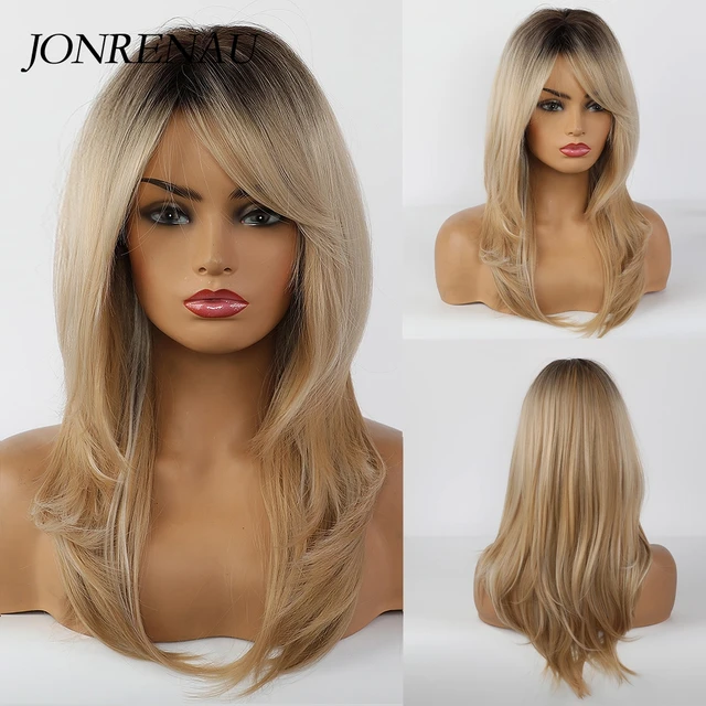 JONRENAU Long Natural Synthetic Straight Layered Hairstyle Wig Black Ombre Brown To Blonde Wigs for Black Women with Bangs Hair lc259-1