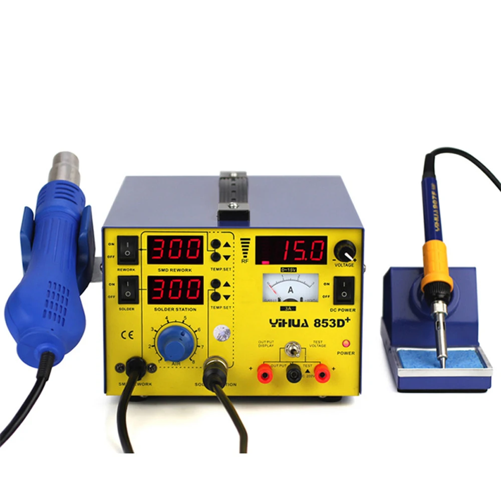 Package 2 220V YIHUA 853D+ Высокая мощность горячего воздуха паяльная станция+ паяльник+ 15V3A Регулируемый источник питания для ремонта телефона паяльная станция - Цвет: Package 2 220V