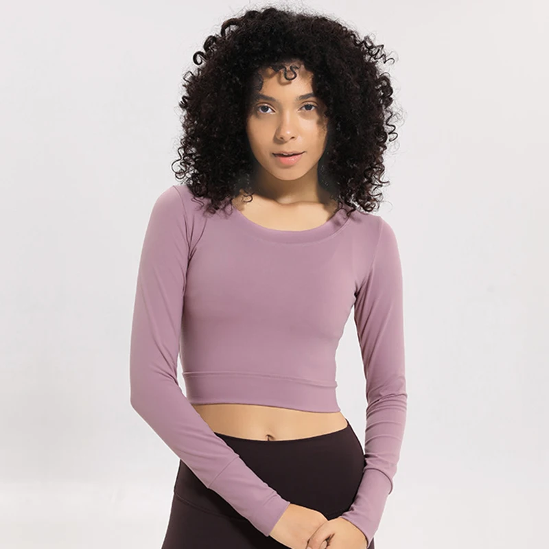 Women Back Open Workout Sportswear Long Sleeve Shirts Joggers Slim Fit O-neck Yoga Fitness Crop Tops Training Gym Activewear