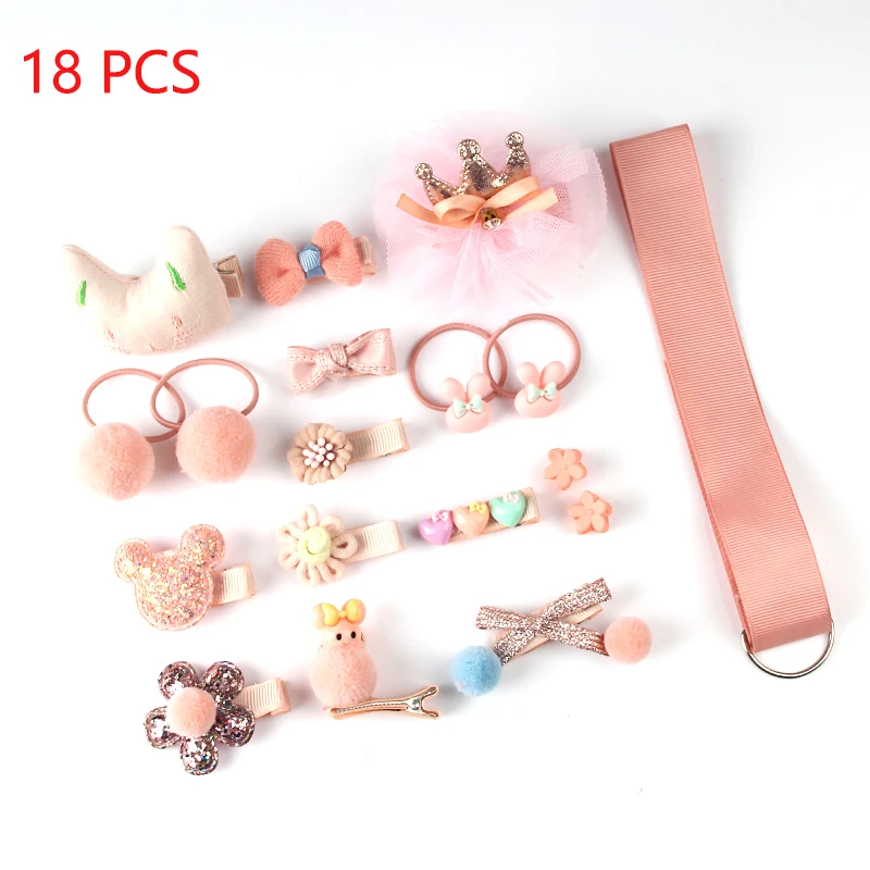 Light Pink 18 шт./компл. Детские Симпатичные Заколки для волос Головные уборы банты для девочек зажим для волос головной убор принцессы из мультфильма для девочек; эластичная повязка на голову, повязка на голову в подарок - Окраска металла: Light Pink
