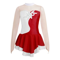 Figure Ice Skating Dress Kids Girls Sequins Diamonds Adorned Leotard Bodysuit Long Sleeves Mesh Patchwork Ballet Dance Costume