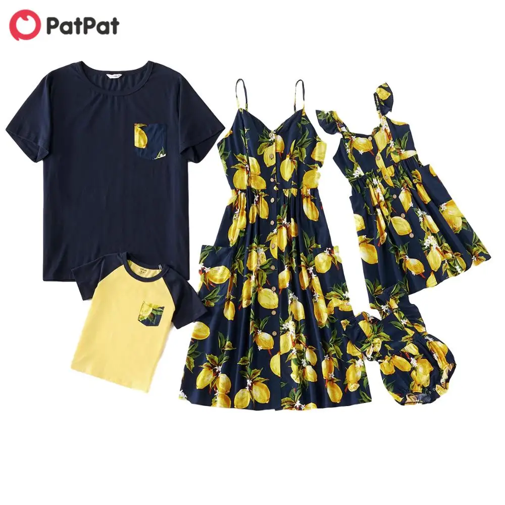 

PatPat 2020 New Summer Mosaic Family Matching Dress Lemon Series Tank Dresses Rompers Tops Matching Outfits Family Look Sets