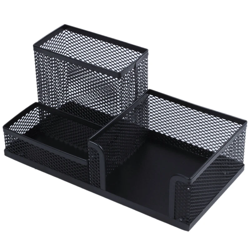 

NEW-Students Office Desk Mesh Style 3 Compartments Metal Pen Holder Black