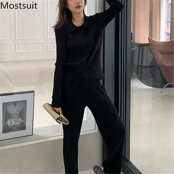

2020 Autumn Fashion Knitted Two Piece Pants Sets Women Single-breasted Tops + Full-length Pants Suits Casual Ladies Outfits