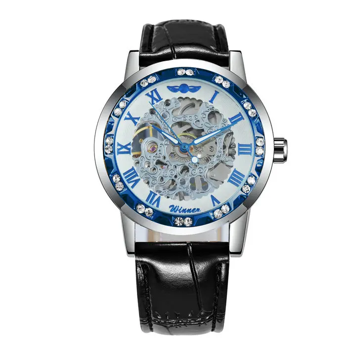 SILVER BLUE WHITE Победитель официальный модный спортивный Часы с костями механические с украшением в виде кристаллов со льдом часы Для мужчин роскошный кожаный ремешок креативные наручные часы - Цвет: SILVER BLUE WHITE