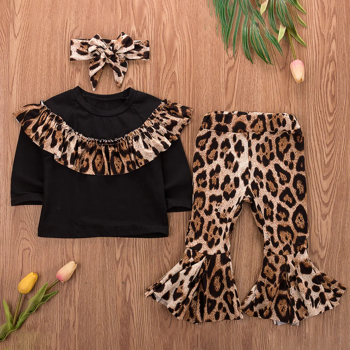 Модный Леопардовый Костюм для маленьких девочек топ с длинными рукавами и оборками+ брюки-клеш+ головной убор, комплект из 3 предметов