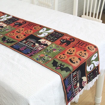 

Halloween Pumpkin Cat Table Runner Trick or Treat Yarn Dyed Table Cloth Plate Mats Dining Room Festival Home Decor