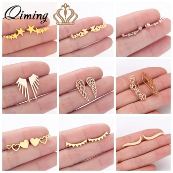 

Stainless Steel Ear Climber Earrings Women Ear Crawlers Geometric Love Heart Star Angel Wing Minimalist Cryatal Stud Earrings