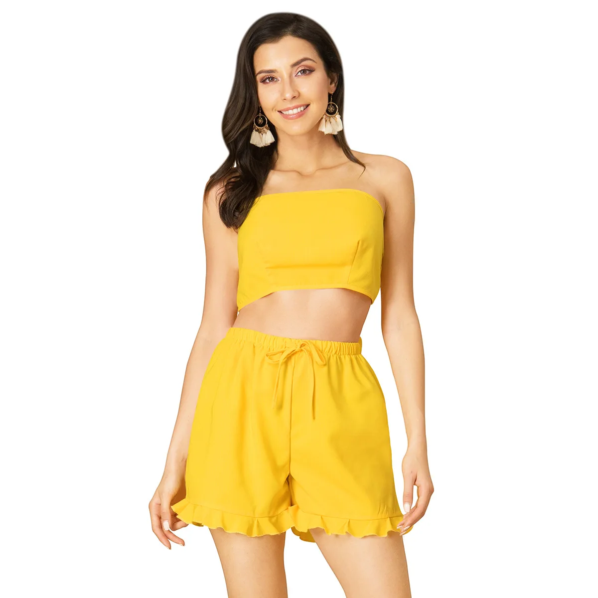 

Temperament Women Open Back Strap Wrapped Chest Vest Drawstring Fungus Straight Shorts Two-piece Bow Yellow Cotton Suit