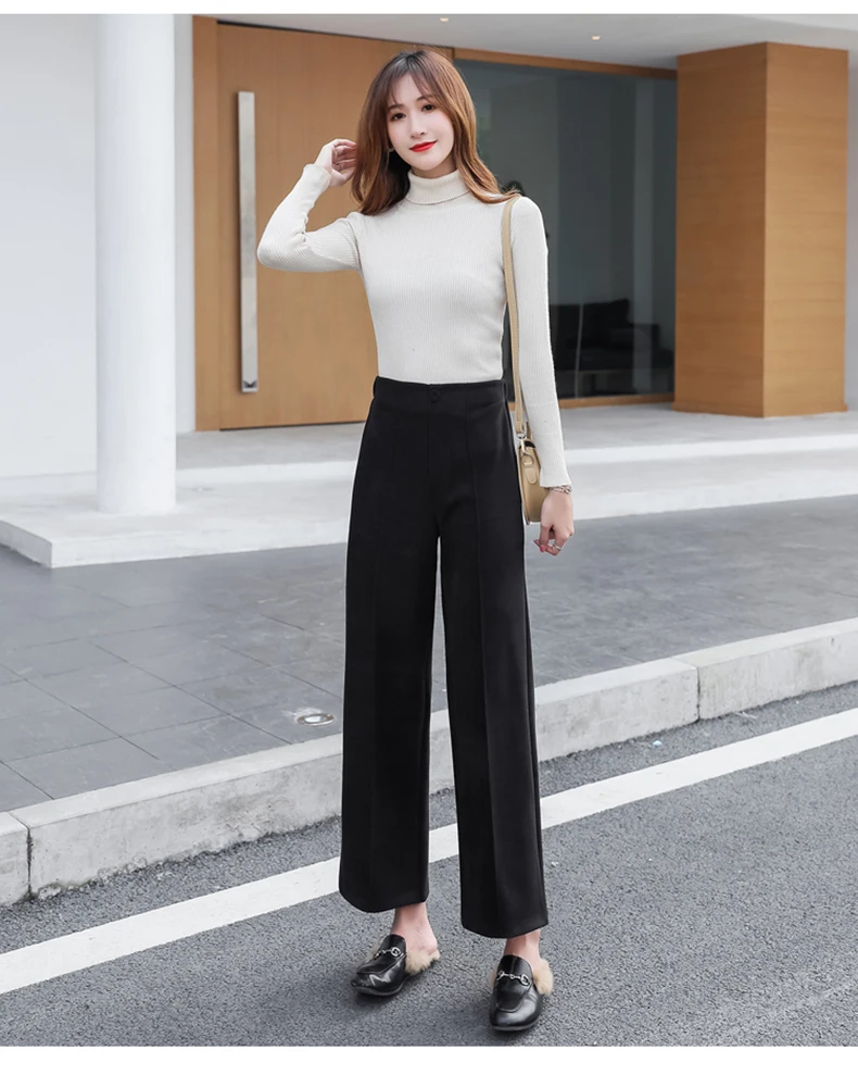 Ankle-Length Women Woolen Pants Wide Leg Pant 2019 New Fashion Autumn Winter Wear High Waist Loose Female Black Beige Trousers (10)