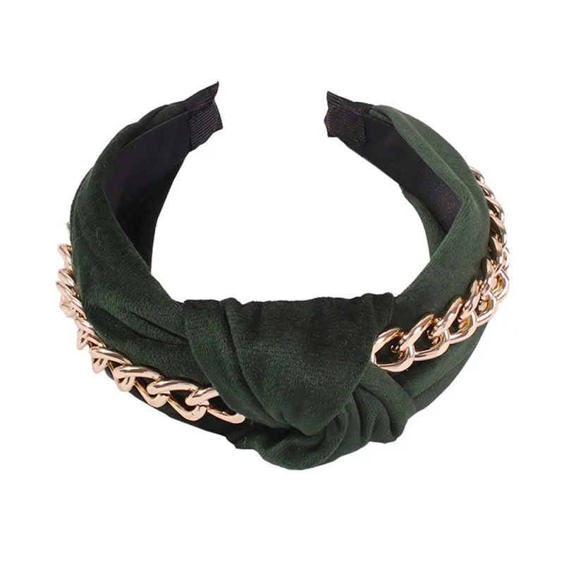green hairband Бархатная повязка на голову в стиле панк с золотой металлической большой цепочкой, украшенные завязанными кручеными широкими краями, повязки на голову для женщин и девушек, вечерние ювелирные изделия, подарки - Окраска металла: green hairband