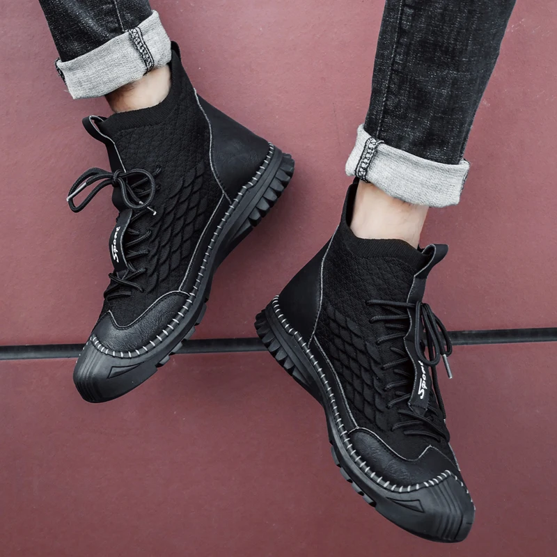 Fashion Men's Boots Handmade Men's Casual Ankle Boots Autumn Winter Men's Motorcycle Boots Outdoor Men Mesh Boots Lace-up Shoes