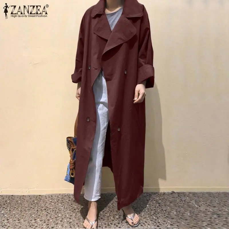 ZANZEA 2020 Elegant Women's Maxi Trench Casual Jackets Solid Lapel Double Breasted Overcoats Female Long Sleeve Coats Plus Size