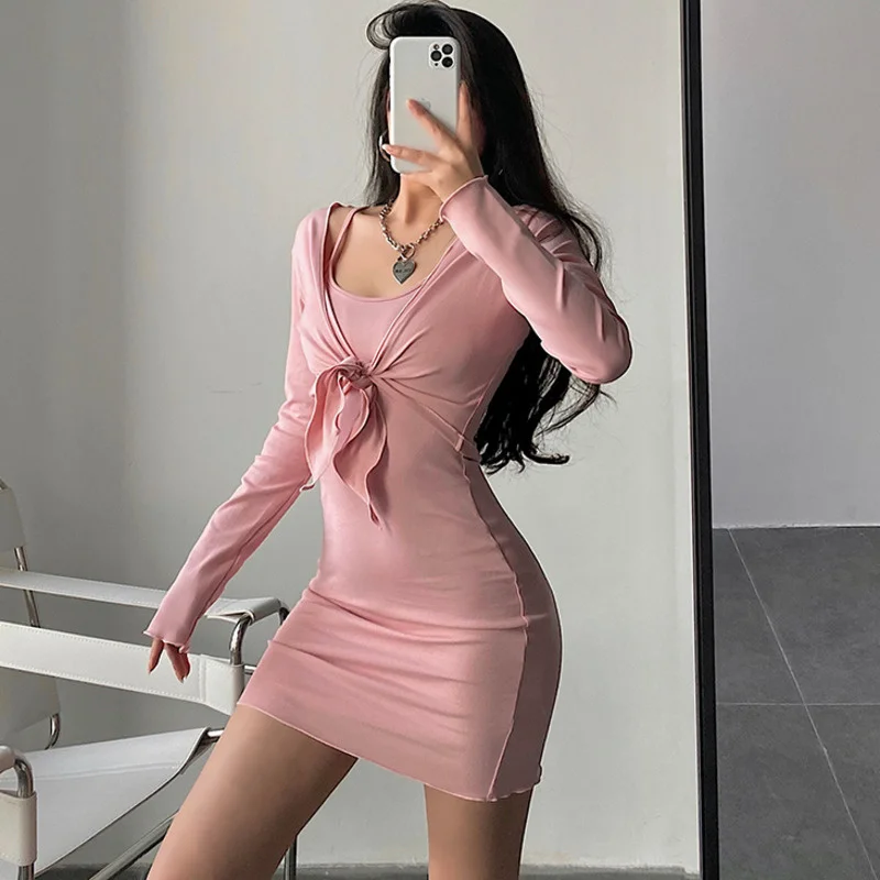 Short Slim TVVOVVIN Sexy Skinny Hip Strap Tank Pink Mini Dress + Long Sleeve Tops Hot Korean Women Girl Female Dresses BX11 | Женская
