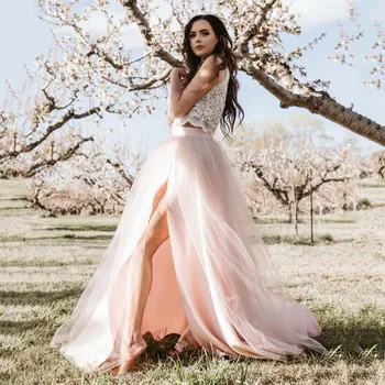 

Eightree 2 Pcs Boho Wedding Dress Beach O Neck Slit A Line Romantic Bride Dress Lace Top vintage vestidos boda Wedding Gowns