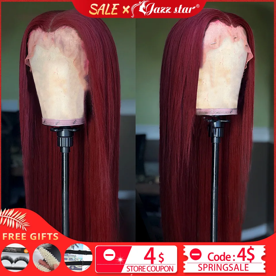Baratos Peluca frontal recta del cordón de Borgoña del Wig13x4 brasileño 99J pelucas delanteras del pelo humano del cordón para las mujeres negras prearrancadas no Remy Jazz Star