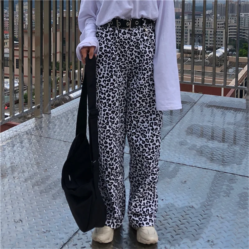 Lychee, Harajuku, леопардовые женские штаны, высокая талия, эластичная талия, широкие брюки, женские брюки, повседневные, свободные, весна, осень, женские штаны