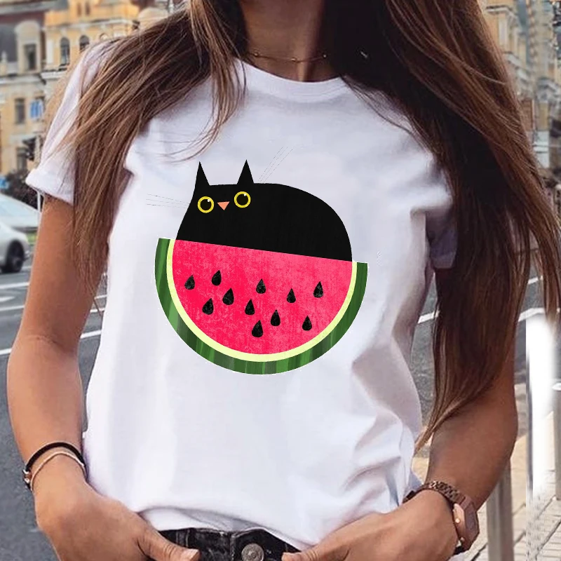 Women Graphic Cat Lovely Animal Fashion Short Sleeve Spring Summer Cartoon Print Female Clothes Tops Tees Tshirt T-Shirt