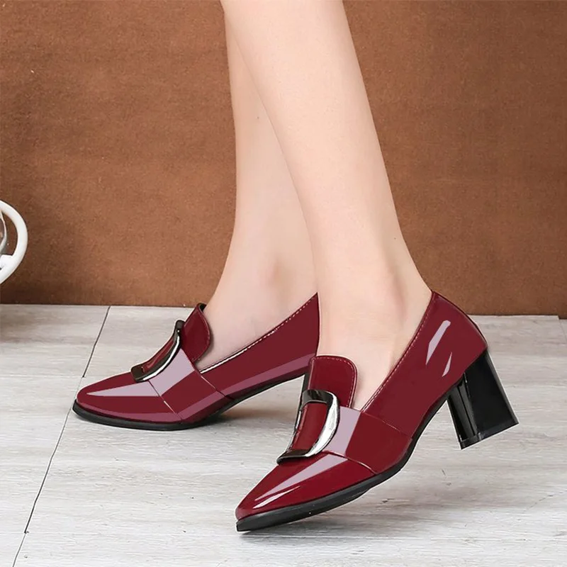 Womens Patent Leather Buckle Slip On Block Med Chunky Heel Pumps Casual Shoes