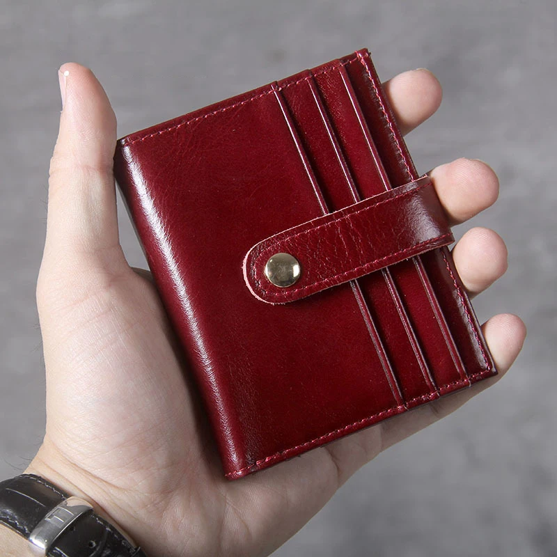 

Mens Women Small Wallet Oil Wax Vintage Cowhide Leather Card Holder Purse Red Genuine Leather Man Slim Card Wallet NR105