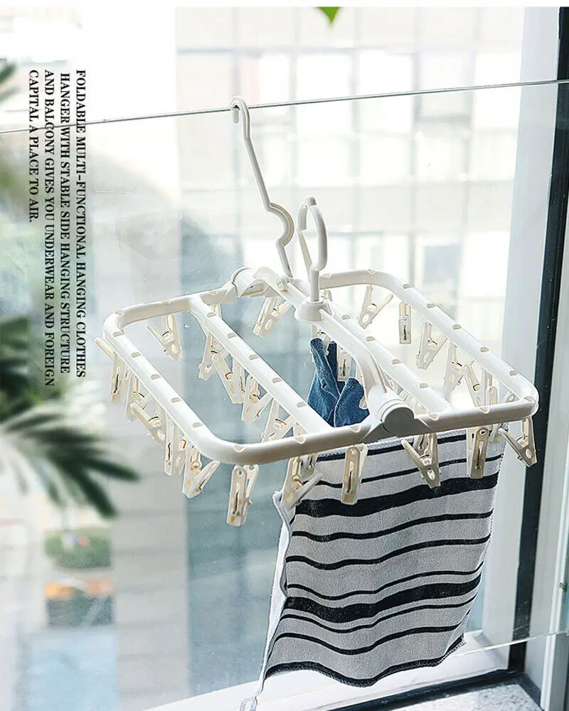 

32 Clips Socks Drying Rack Hangers Wardrobe Storage Hanging Folding Laundry Underwear Bra Hanger Foldable