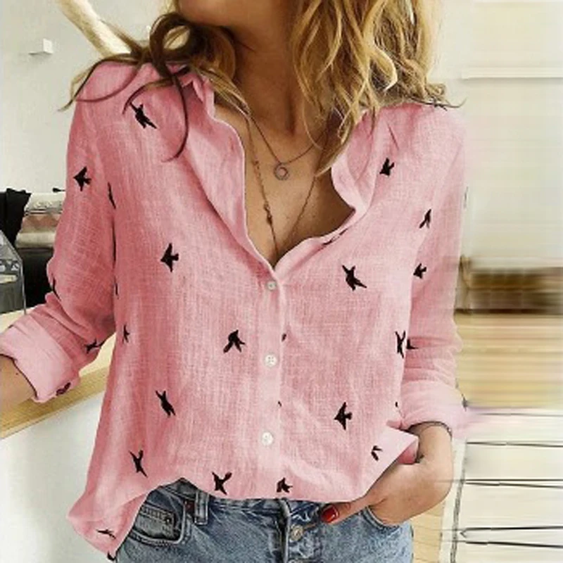 Pink ELSVIOS, осень, Базовая Блузка, рубашка, женская, повседневная, свободная, длинный рукав, блузка, топы, элегантная, с воротником-стойкой, с принтом, женская блуза - Цвет: Pink