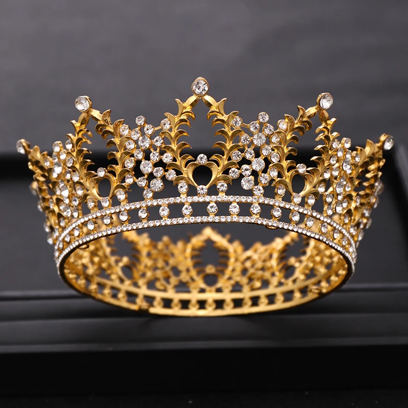 Винтажная Свадебная Корона со стразами, Золотая круглая корона, свадебная тиара, украшение на голову, свадебные украшения для волос, аксессуары