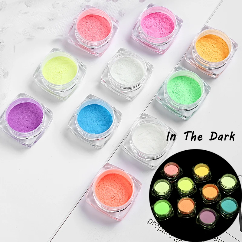 1 Box Neon Phosphor Powder Nail Glitter Powder 10 Colors Dust Luminous Pigment Fluorescent Nail Glitters Glow in the Dark