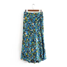 Женская Ретро Цветочная длинная юбка с принтом сбоку молния спереди Сплит плиссированная Женская свободная длина по щиколотку юбки