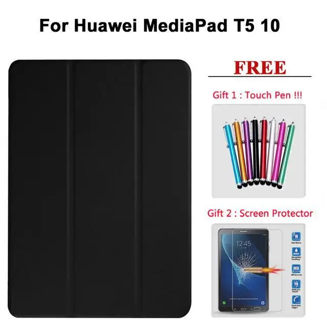 Защита экрана стекло+ чехол для huawei MediaPad T3 7 8 10/T5 10 кожаный Умный Магнитный чехол для Медиа Pad T5/T3 7 8 10. 1 - Цвет: T5 10 hei