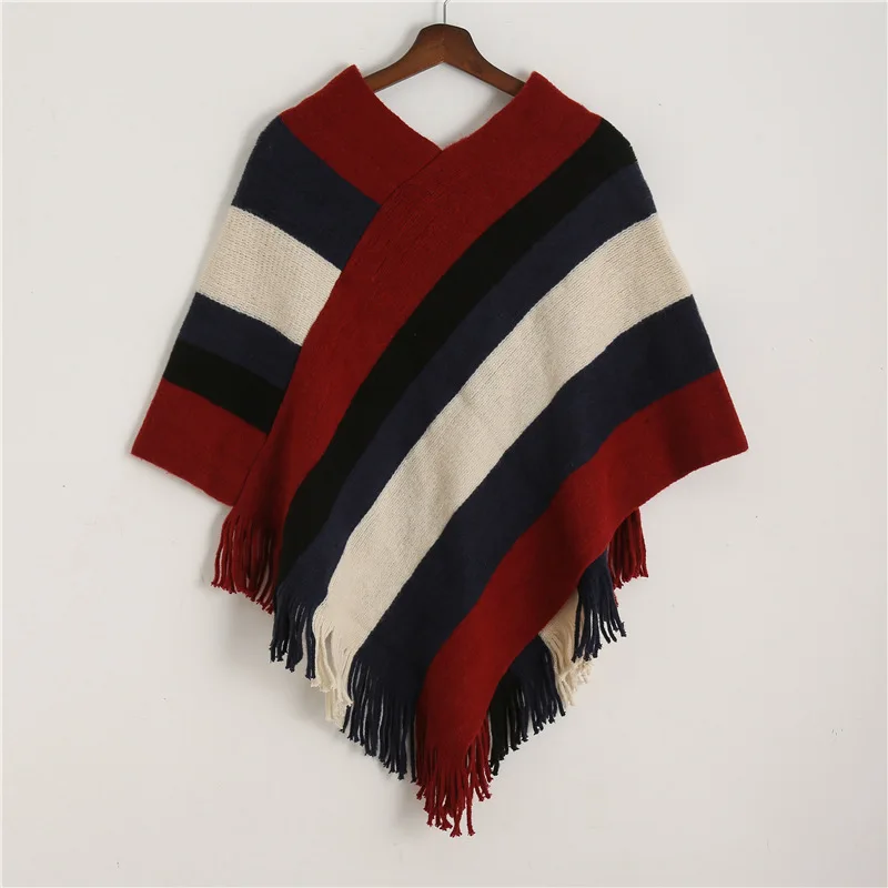 New stripe winter women scarf cashmere lady fashion poncho and caps thick warm coat Elastic knit pashmina shawl wrap stoles