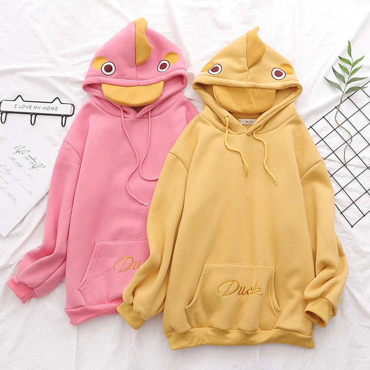 Merry Pretty, женские толстовки с капюшоном с вышитой уткой из мультфильма, толстовки с ушками на капюшоне, Winte Plus, милые бархатные пуловеры с капюшоном