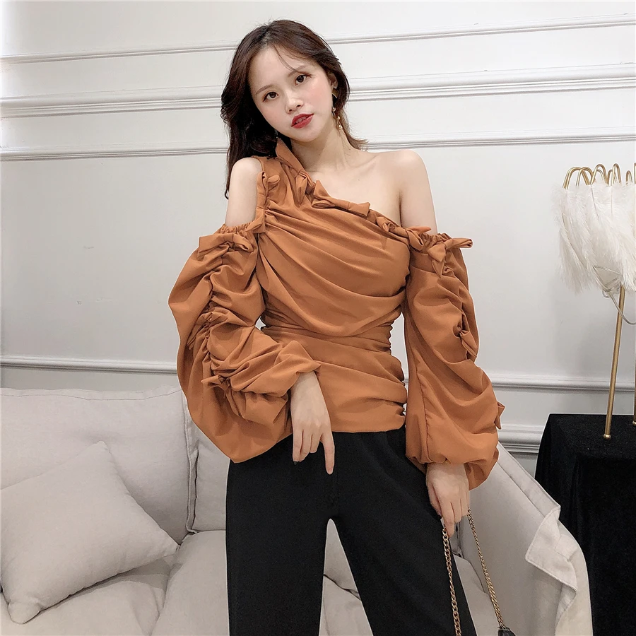 Neploe, асимметричный воротник без бретелек, Blusas, топ, Осень-зима, Корейская нижняя рубашка, фонарь, длинный рукав, одноцветные, тонкие блузки 55958