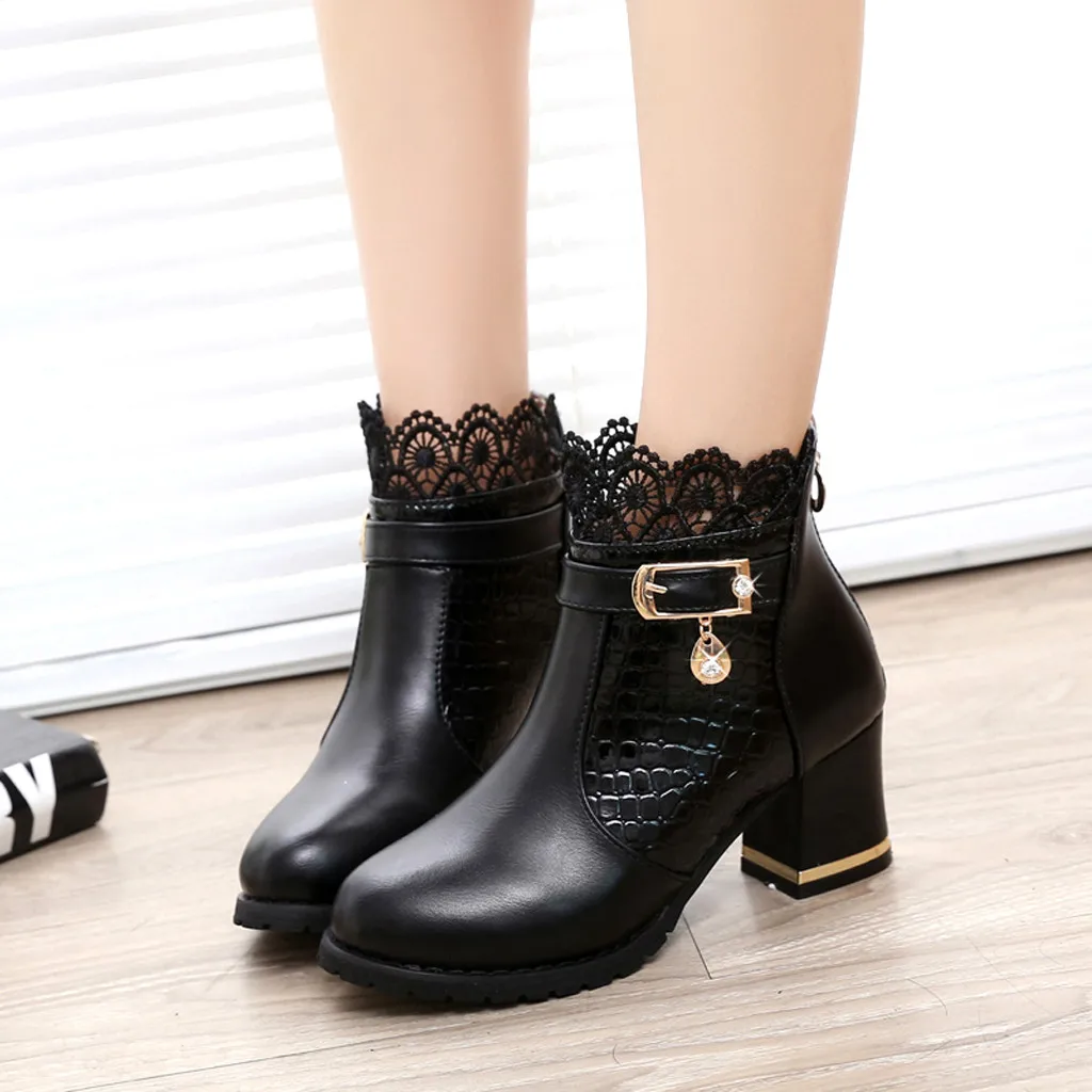 

YOUYEDIAN Women's Rubber Boots Leather Ankle Boots Solid Lace Short Boots Round Toe Square heel Women's Boots bota feminina