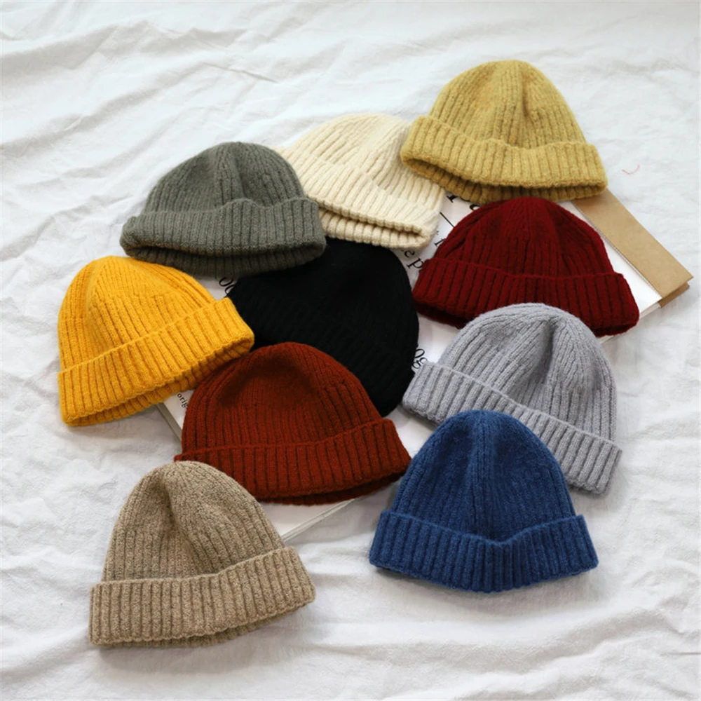 

New Autumn and Winter Retro Dome Warm Short Wool Baotou Melon Cap Knit Hat Cold Cap Men and Women Tide Striped Winter Hats