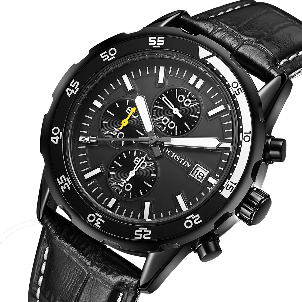 

OCHSTIN Leather Men Watch Military Quartz Men's Watches Luxury Retro Pilot Chronograph Waterproof Wristwatch Date Male Clocks