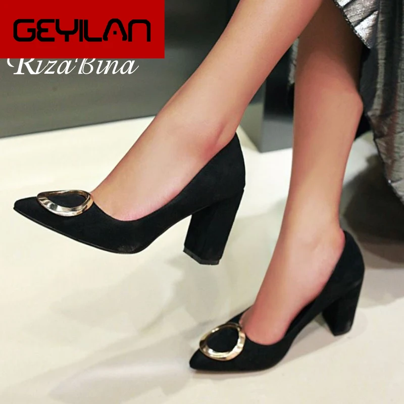 

Women Pumps Shoes Fashion Metal Shallow Mouth Shoes Women Stylish Thick Heels Pointed Toe Office Footwear Size 33-43