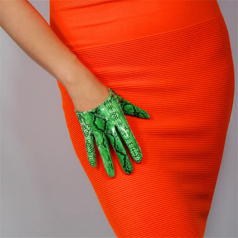 13cm green Короткие перчатки из змеиной кожи, 21 см, лакированная кожа, искусственная кожа, яркая кожа, животное, питон, зеленый Змеиный узор, женские, PU105 - Цвет: 13cm green